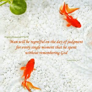 goldfish swimming in a pond. Religious quote from a Hadith by Prophet Muhammad peace be upon Him about remembering God and the Judgment day