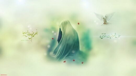 A woman in a green cloak with a dove in the background. Picture of a woman praying in light and divine atmosphere, representing Lady Fatima PBUH the Daughter of Prophet Muhammad (PBUH)