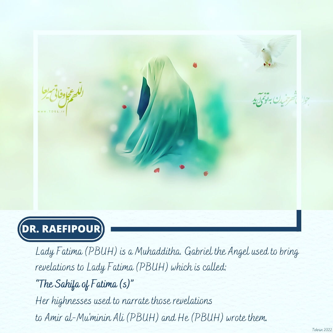 a woman in a green robe with flowers and a quote by Raefipour regarding Sahifa of Lady Fatima RA