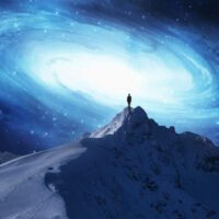 A person standing on top of a mountain with a blue galaxy in the background. A perfect human can reflect God’s attributes.