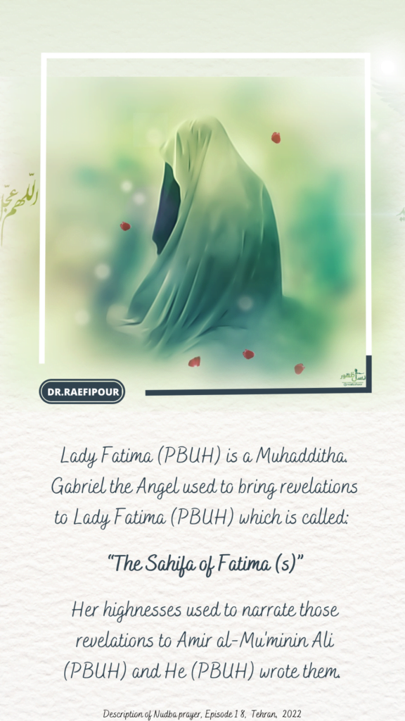 a woman in a green robe with flowers and a quote by Raefipour regarding Lady Fatima PBUH